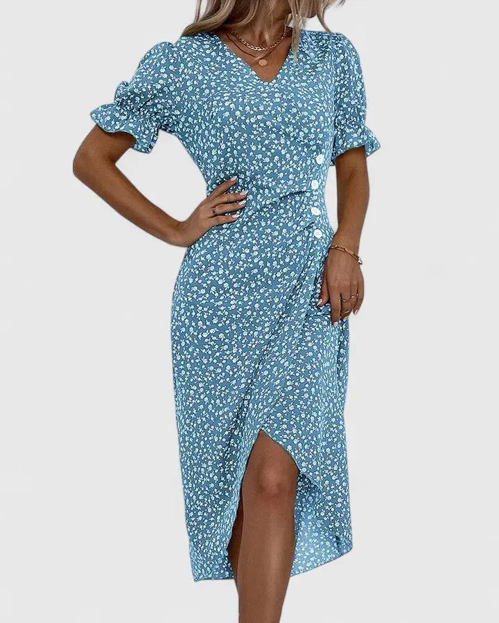 Wrap Midi Dress V-Neck Short Sleeve Floral Summer