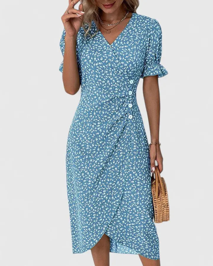 Wrap Midi Dress V-Neck Short Sleeve Floral Summer - Blue