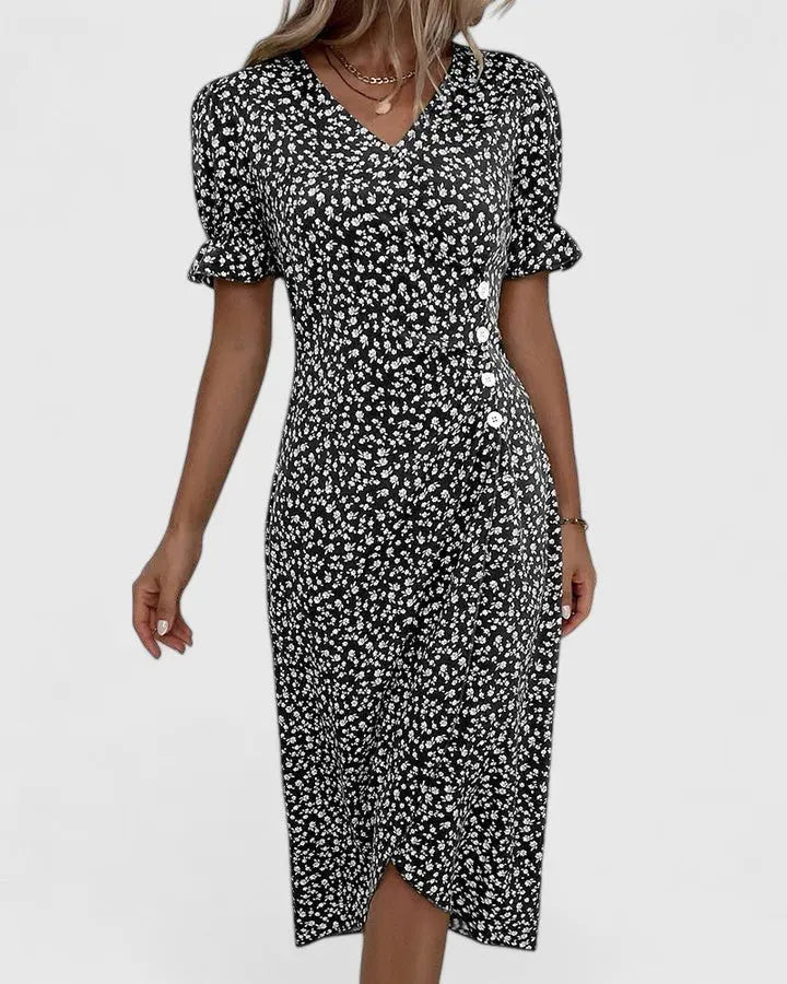 Wrap Midi Dress V-Neck Short Sleeve Floral Summer
